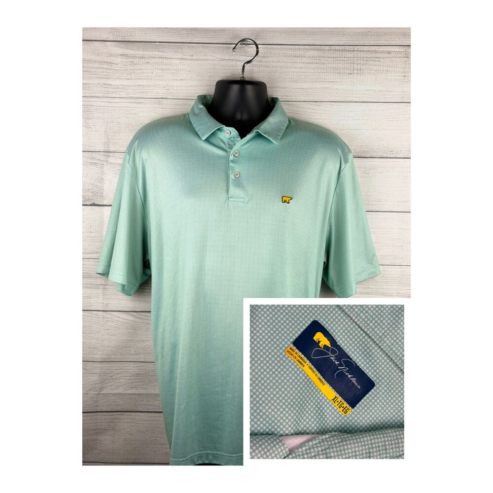 Jack Nicklaus Polo Shirt Mens XL Mint Green Micro Check Golf Short Sleeve Bear